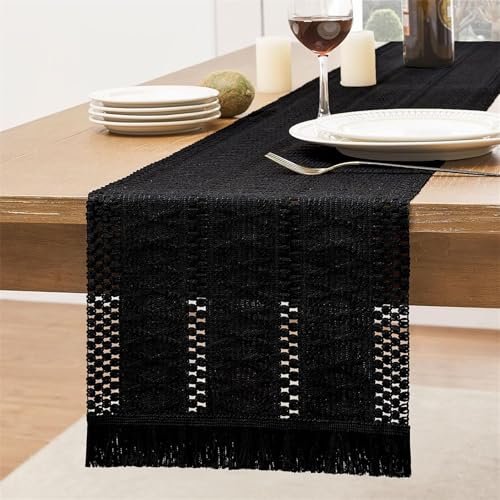 FANSU Tischläufer Herbst Dekoration, Weberei mit Quasten Tischdecke, Waschbarer Tischdeko, Extra Lang Modern Tischläufer für Party,Kaffee,Esszimmer,Kommode,Schlafzimmer (30x240cm,Schwarz) von FANSU