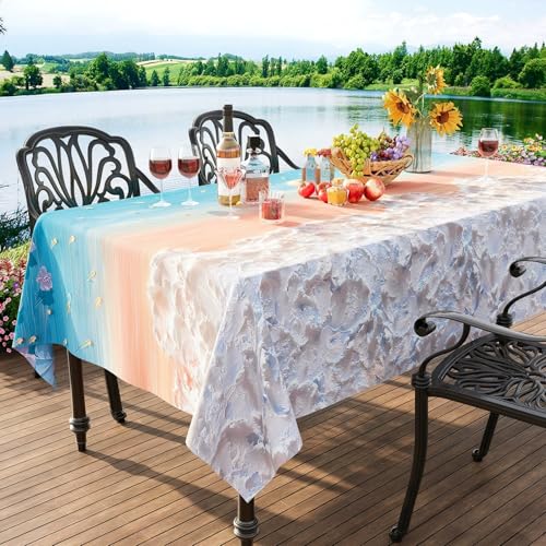 FANSU Wachstuchtischdecke Gartentisch Wasserdicht, Gartentischdecke Outdoor Ölbeständige Rechteckig Tischdecke PVC Plastik Abwaschbar Wachstuch Ölgemälde Stil (Blau + Orange,60x90cm) von FANSU