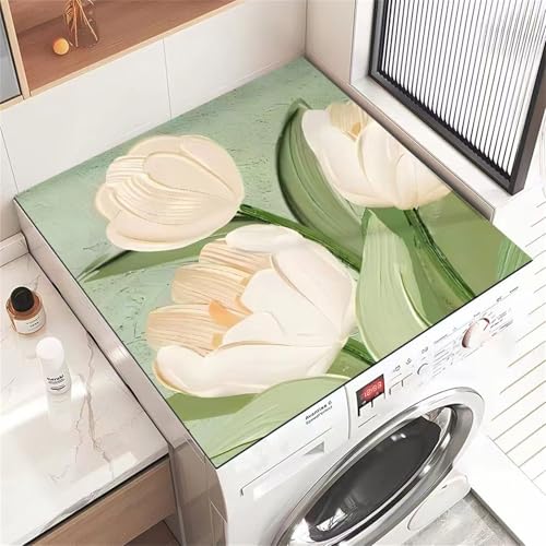 FANSU Waschmaschinenauflage rutschfest, Tulpenblüten Ölgemälde Stil Waschmaschinen-Staubschutzmatte Saugfähig Schnelltrocknend Waschmaschine Abdeckung (Weiß Blütenblätter,40x60cm) von FANSU