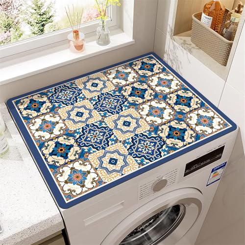 FANSU Waschmaschinenauflage rutschfest, Vintage Mandala Stil Waschmaschinen-Staubschutzmatte Saugfähig Schnelltrocknend Waschmaschine Abdeckung für Kühlschrank (60x60cm,Dunkelblau) von FANSU