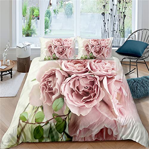 FANSU Weich Bettwäsche Blume Drucken Bettwäsche Set - Mikrofaser Bettbezug mit Reißverschluss Schließung + Kissenbezug 50x75 cm (135x200cm(2pcs),Rosa Pfingstrose) von FANSU