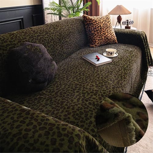 FANSU Winterliche Sofadecke überwurf Sofabezug L Form 1 2 3 4 Sitzer, Wärme Plüsch Universelle rutschfeste Couch Überzug Einteiliger Vielseitige Decke Leopardenmuster Sofadecke (180x420cm,Grün) von FANSU