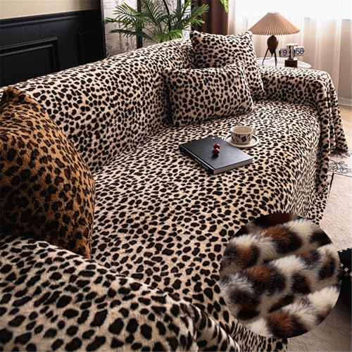 FANSU Winterliche Sofadecke überwurf Sofabezug L Form 1 2 3 4 Sitzer, Wärme Plüsch Universelle rutschfeste Couch Überzug Einteiliger Vielseitige Decke Leopardenmuster Sofadecke (180x420cm,Khaki) von FANSU
