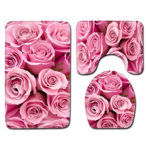 FANSU rutschfeste Badematten Set 3 Teilig, Weich Mikrofaser Badezimmerteppich Waschbar WC-Deckelbezug und Saugfähig U-FöRmige Badvorleger für Badewanne, Dusche (50x80cm,Pinke Rose) von FANSU