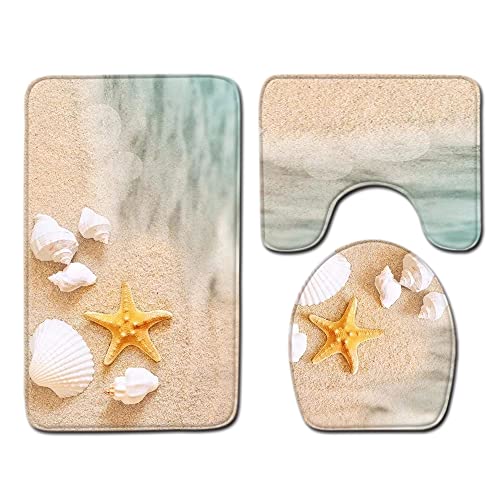FANSU rutschfeste Badematten Set 3 Teilig, Weich Mikrofaser Badezimmerteppich Waschbar WC-Deckelbezug und Saugfähig U-FöRmige Badvorleger für Badewanne, Dusche (50x80cm,Strand Seestern) von FANSU