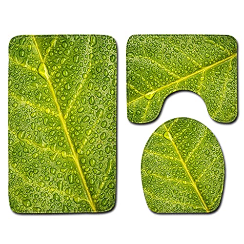 FANSU rutschfeste Badematten Set 3 Teilig, Weich Mikrofaser Badezimmerteppich Waschbar WC-Deckelbezug und Saugfähig U-FöRmige Badvorleger für Badewanne, Dusche (50x80cm,grüne Blätter) von FANSU