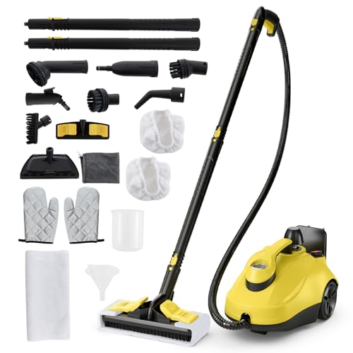 FANTASK 1,8L Dampfreiniger bis zu 160℃ mit 29 Zubehörteilen & Rollen, Dampfreiniger Boden, inkl. 5m Netzkabel (2000W), Gelb von FANTASK