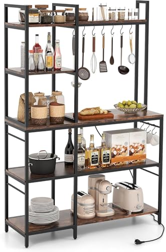 FANTASK 107 x 37 x 160 cm Küchenregal mit Steckdosen, 5 Etagen Standregal bis 100 kg, Mikrowellenregal mit Regalen & 10 S-Hakens, Bäckerregal Metallrahmen von FANTASK