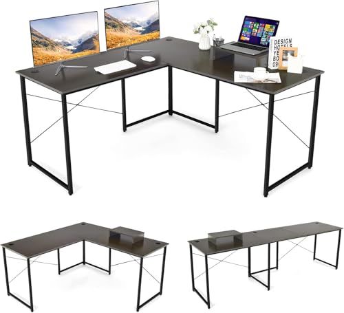 FANTASK 150 x 150 x 74 cm Schreibtisch L-Form Rustikales in Braun, Gaming Computertisch Bürotisch, Ecktisch mit 3 Kabellöchern, Reversibler Eckschreibtisch mit Monitorständer von FANTASK
