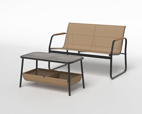 FANTASK 2-Sitzer Sitzbank mit Couchtisch aus Textilene, Gartenbank mit 2 Stauraumfächern, Balkonmöbel-Set, Gartengarnitur, Gartenmöbel, Kaffeetisch, Sitzgruppe für Garten & Balkon von FANTASK