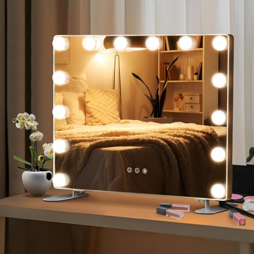 FANTASK 2-in-1 Hollywood-Spiegel mit 14 dimmbaren LED-Lichtern, Schminkspiegel, Kosmetikspiegel mit Smart-Touch-Steuerung, Tischspiegel mit Metallständer, Silber von FANTASK