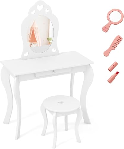 FANTASK 2 in 1 Kinderfrisiertisch-Set, Schminktisch für Kinder Mädchen mit dreifachem Klappspiegel & Schublade, Prinzessinnen-Kosmetiktisch mit Schminkhocker in Weiß von FANTASK