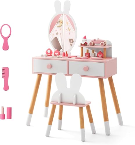 FANTASK 2-in-1-Kinderschminktisch-Set in weiß, Mädchenschminktisch mit Spiegel, 2 Schubladen & Ablage, Schminkset mit Hasenmotiv für Mädchen von FANTASK