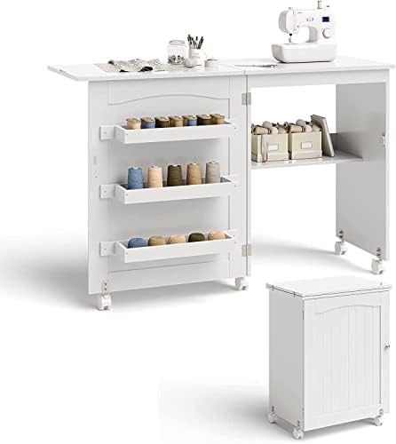 FANTASK 2 in 1 Nähschrank & Schreibtisch klappbar, Nähtisch aus Holz mit 3 Einlegeböden für Spulen & feststellbare Rollen, Weiß FANTASK 2 in 1 Nähschrank & Schreibtisch klappbar, Nähtisch aus Holz mit 3 Einlegeböden für Spulen & feststellbare Rollen, Weiß von FANTASK
