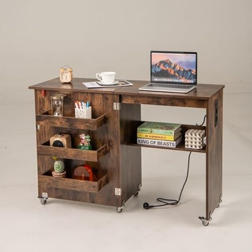 FANTASK 2 in 1 Zusammenklappbarer Nähtisch, Nähmaschinenschrank mit Ladestation, Regalen und abschließbaren Rädern, Nähtisch aus Holz, Mehrzweck-Bastelstation für Wohnzimmer, Schlafzimmer (Braun) von FANTASK