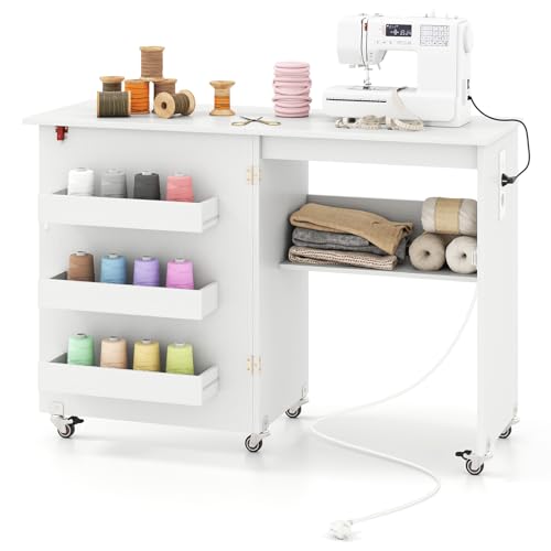 FANTASK 2 in 1 Zusammenklappbarer Nähtisch, Nähmaschinenschrank mit Ladestation, Regalen und abschließbaren Rädern, Nähtisch aus Holz, Mehrzweck-Bastelstation für Wohnzimmer, Schlafzimmer (Weiß) FANTASK 2 in 1 Zusammenklappbarer Nähtisch, Nähmaschinenschrank mit Ladestation, Regalen und abschließbaren Rädern, Nähtisch aus Holz, Mehrzweck-Bastelstation für Wohnzimmer, Schlafzimmer (Weiß) von FANTASK