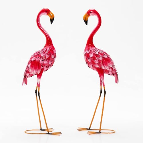 FANTASK 2-teiliges Set Gartenstatuen Flamingo, Flamingo-Skulpturen aus Metall mit wasserdichtem Design und rostbeständig, Dekorative Figur für den Außenbereich, Pinke Vogelskulptur für Garten, Hinterh von FANTASK