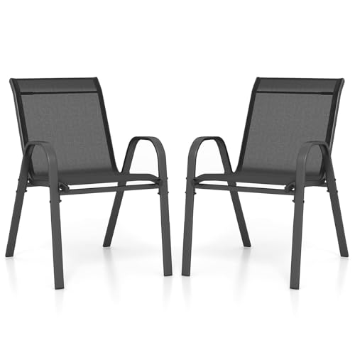 FANTASK 2er Set Stapelstühle, Terrassenstühle aus Textilene und Metallgestell, Balkonstühle mit Armlehnen, Gartenstühle stapelbar bis 150 kg belastbar, 56 x 70 x 84 cm (Schwarz) von FANTASK
