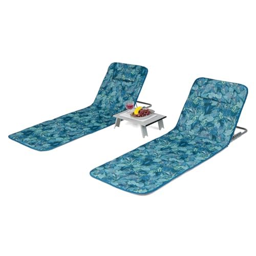FANTASK 2er Set Strandmatte mit Beistelltisch, Kopfkissen & Staufach, Liegematte mit Verstellbarer Rückenlehne, Strandliege für den Strand (Türkisblau) von FANTASK