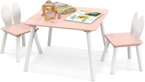 FANTASK 3 TLG. Kindertisch mit 2 Stühlen, 3-6 Kindersitzgarnitur mit Massivholzbeinen & Hasenohren Rückenlehne, Rosa von FANTASK
