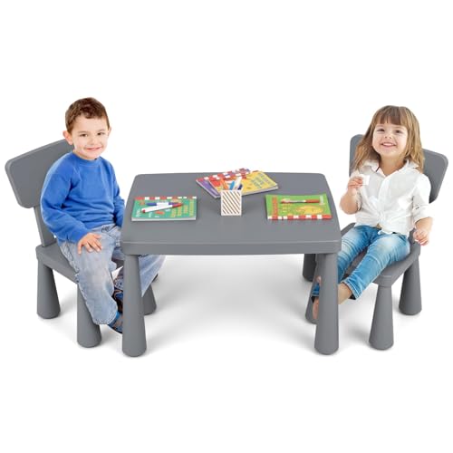 FANTASK 3 TLG. Kindertisch mit 2 Stühlen, Kindermöbel aus Kunststoff, Kinder Tischset, Kindersitzgruppe für Kindergarten & Kinderzimmer (Grau) von FANTASK