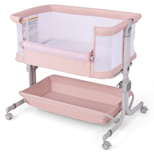 FANTASK 3 in 1 Beistellbett mit Matratze, Mobiles Baby Bett 6 Fach höhenverstellbar, tragbarer Reisebett Baby mit Aufbewahrungskorb & Tragetasche für Baby bis 6 Monaten (Rosa) von FANTASK