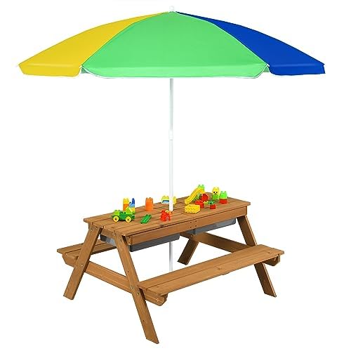FANTASK 3 in 1 Kinder Picknicktisch, Gartentisch mit Sonnenschirm & Bänke, Kindersitzgruppe aus Holz mit Abnehmbarer Tischplatte & 2 Spielboxen, Gelb von FANTASK