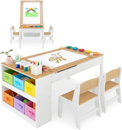 FANTASK 3 in 1 Kindertisch mit 2 Stühlen, Holztisch & Staffelei mit Abnehmbarer Tischplatte mit Farbbechern, 6 Stoffbehältern & Papierrolle in Natur von FANTASK