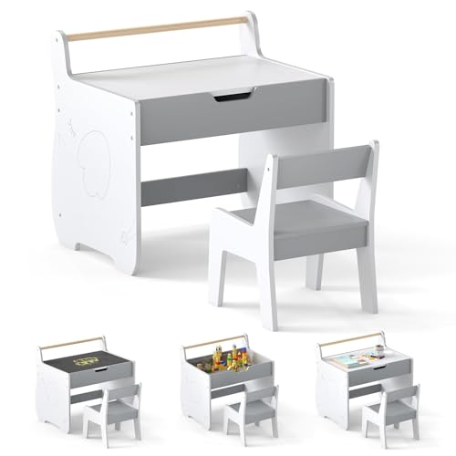 FANTASK 3 in 1 Kindertisch mit Stuhl, Kinder Tisch Stuhl Set mit Whiteboard & Kreidetafel & Stauraum, Kindersitzgruppe aus Holz mit Stauraum & Papierrollenhalter für Kinder ab 3 Jahren (Grau+Weiß) von FANTASK