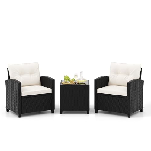 FANTASK 3-TLG Balkonmöbel Set mit mit Kissen, Gartenmöbel Set aus Rattan inkl. 2 Stühlen und Glas Tisch, Terrassenmöbel Sitzgruppe Lounge Set für Balkon, Terrasse und Garten, Cremeweiß von FANTASK
