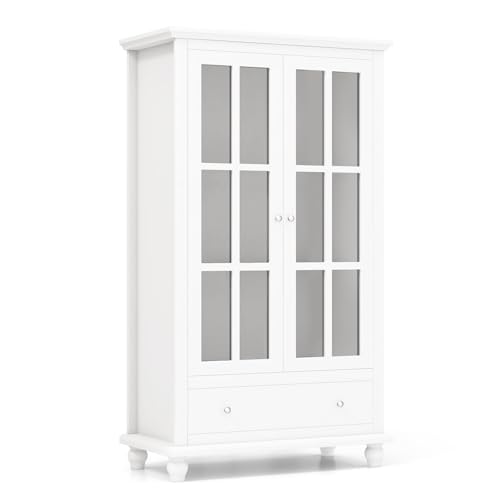 FANTASK 4-stüfiger Vitrinenschrank, Bücherschrank mit Türen aus gehärtetem Glas & 1 Schublade & 2 verstellbaren Ablagen, Büroschrank für Heimbüro und Wohnzimmer, 80 x 40 x 139 cm (Weiß) von FANTASK