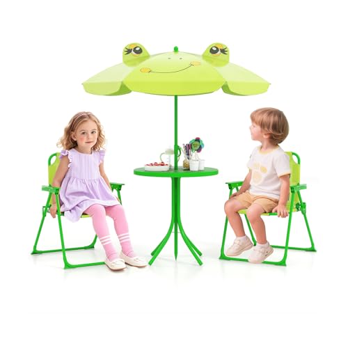 FANTASK 4 teilige Kindersitzgruppe mit Sonnenschirm, Outdoor Sitzgruppe mit 2 Klappstühlen, Camping Kindersitzgarnitur (Hellgrün) von FANTASK