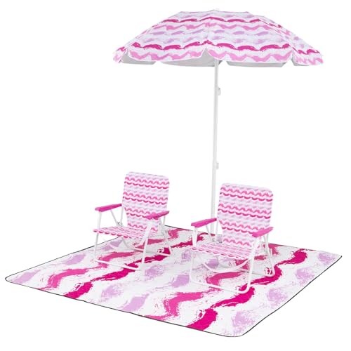 FANTASK 4-teiliges Strandset inkl. Strandschirm, 2 Klappstühle mit Rückentasche und Stranddecke, Strandstühle mit Schirm und Stranddecke, Sonnenschirm mit Tragetasche, beidseitig um 30° knickbar, Rosa von FANTASK