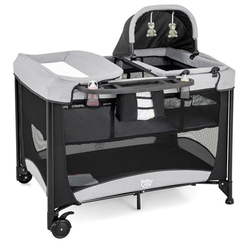 FANTASK 5 in 1 Faltbares Reisebett, Faltbares Babyreisebett mit Wickelauflage Verdickte Matratze, 2 Ebenen Kinderreisebett mit Tragetasche, 15kg belastbar (Schwarz) von FANTASK