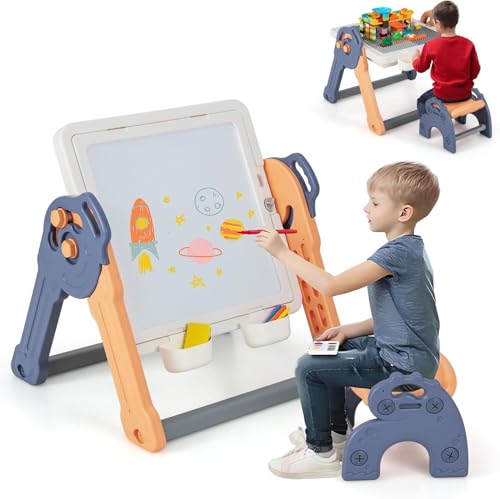 FANTASK 6 in 1 Kindertisch mit Klappstuhl mit Bausteinen & Stauraum, Spieltisch + Staffelei mit doppelseitiger & Abnehmbarer Tischplatte für Kinder ab 3 Jahren, 71.5 * 65 * 57 von FANTASK