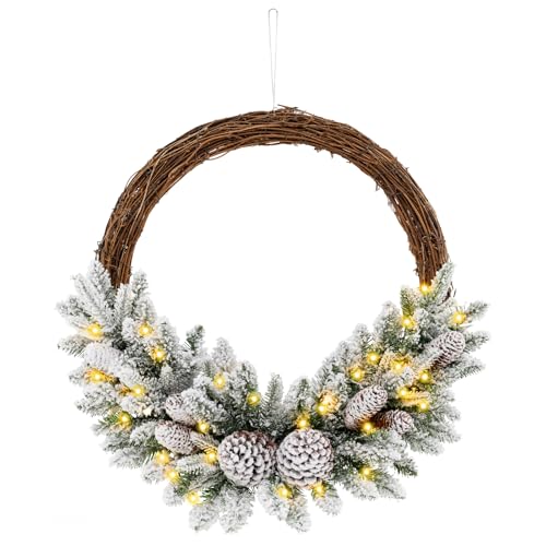 FANTASK 60cm Weihnachtskranz, künstlicher Türkranz beleuchtet mit 35 warmweißen Lichtern & 65 Zweigen, schneebedeckter Feiertagskranz für Innen & Außen von FANTASK
