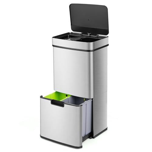 FANTASK 72L Mülleimer Küche, 4 Fächer Edelstahl Bin mit Sensor, Automatisch Abfalleimer mit Softclose-Deckel Klemmring, Mülltrennsystem 2 x 11L + 3,5L + 46,5L, für Küche Büro (Silber) von FANTASK