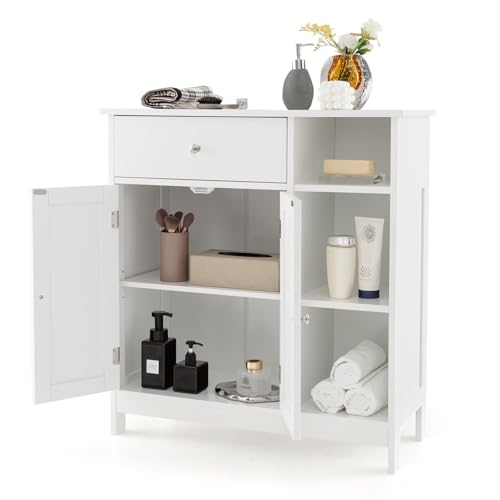 FANTASK Badezimmerschrank, 75 x 30 x 80cm, Beistellschrank mit Schublade, Türen & verstellbarem Regal, Badschrank für Badezimmer, Wohnzimmer, Schlafzimmer & Küche (Weiß) von FANTASK