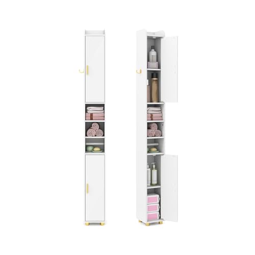 FANTASK Badezimmerschrank Hochschrank schmal, Badschrank mit verstellbaren Ablagen, Toilettenpapierhalter & Seitenhaken, Aufbewahrungsschrank für Küche & Badezimmer, 20 x 20 x 179 cm (Weiß) von FANTASK