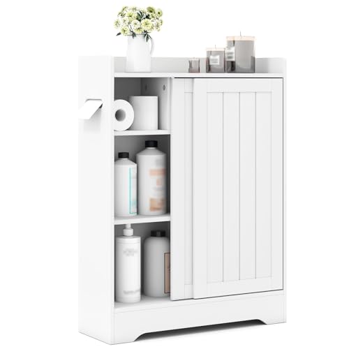 FANTASK Badezimmerschrank schmal, Badschrank mit seitlichem Toilettenpapierhalter & Bürstenfach, Toilettenschrank mit Schiebetüren & verstellbaren Regalen (Weiß) von FANTASK