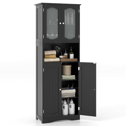FANTASK Badschrank, freistehender Badezimmerschrank mit Kippschutz, Hochschrank mit offenem Fach & 4 Türen & Verstellbarem Einlegeboden für Wohnzimmer, Badezimmer & Küche (Schwarz) von FANTASK