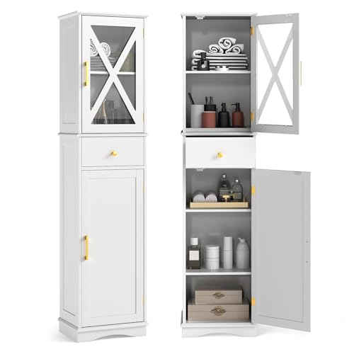 FANTASK Badschrank hoch, Aufbewahrungsschrank, mit verstellbaren Einlegeböden, Schublade, 2 Türen für Badezimmer, Wohnzimmer (Weiß) von FANTASK