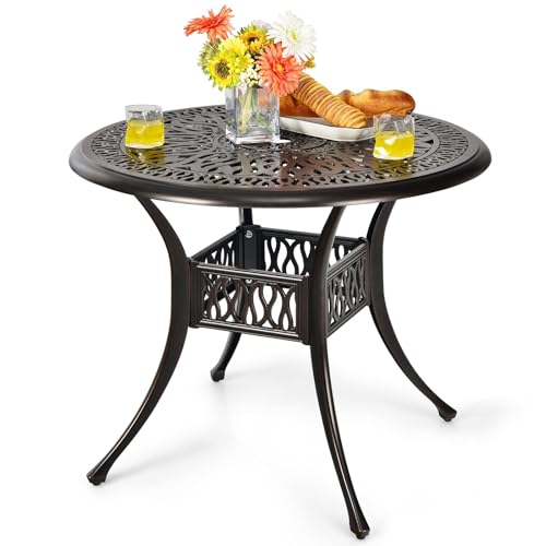 FANTASK Balkontischmit Schirmloch, runder wetterfester Gartentisch aus Aluminiumguss, Terrassentisch für Garten, Terrasse & Balkon, antike Optik, Ø 90 cm, 90 x 90 x 72 cm von FANTASK