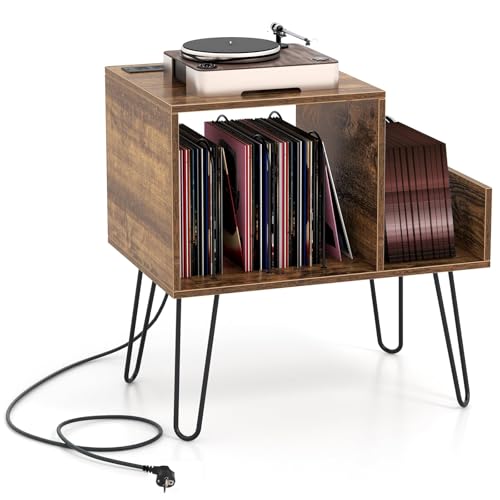 FANTASK Beistelltisch, Plattenspielerständer mit Steckdose, Nachttisch industriell mit Trennwänden & Seitenregal (Braun), 45T x 66B x 67H cm von FANTASK
