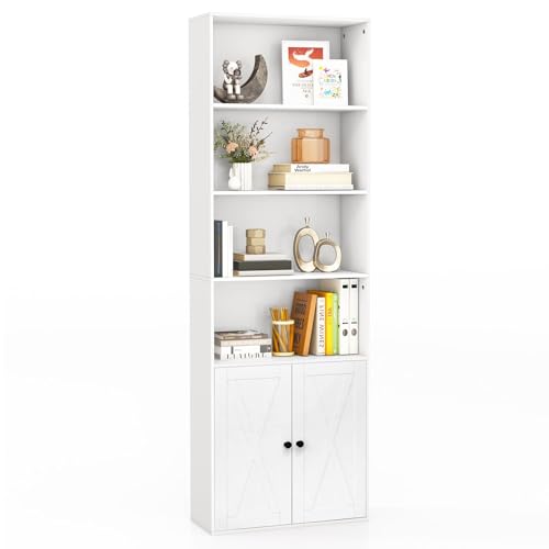 FANTASK Bücherschrank mit Türen & 4 offenen Fächern, 180 cm hohe Aufbewahrungsregal, Bücherregal, Standregal für Küche, Wohnzimmer & Schlafzimmer (Weiß) von FANTASK