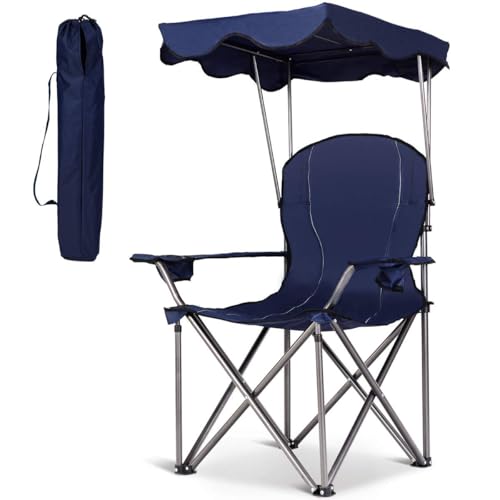 FANTASK Campingstuhl mit Tragtasche, Klappstuhl mit Getränkehalter, Angelstuhl mit Sonnendach, Anglerstuhl, Faltstuhl Ideal 120 kg belastbar für Terrasse, Strand & Camping (Dunkelblau) von FANTASK