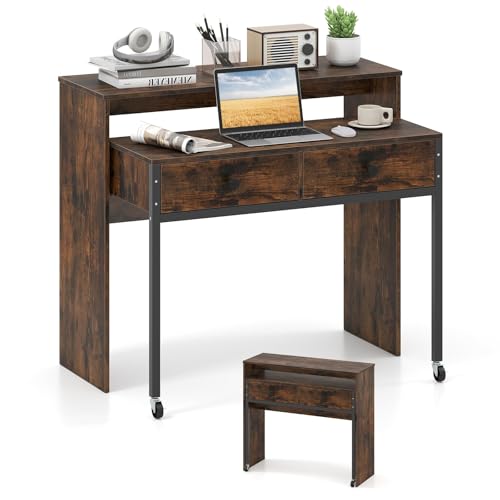 FANTASK Computertisch ausziehbar, Kleiner Bürotisch mit 2 Schubladen & Rollen & Metallrahmen, Schreibtisch, Arbeitstisch, PC-Tisch für Zuhause & Büro, 100 x 63 x 88 cm (Braun) von FANTASK