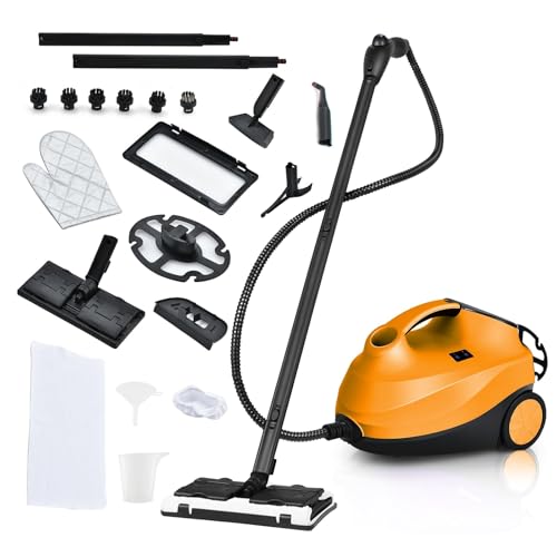 FANTASK Dampfreiniger mit 19 Zubehör & LED Warnlicht für Teppiche Fußböden Fenster Autos, 2000W, Aufheizzeit: 5 Min., Temp.: bis zu 108℃, Tank: 1,5L (Orange) von FANTASK