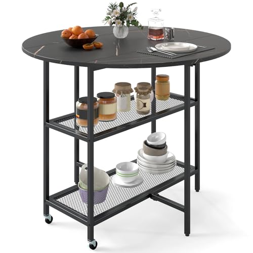 FANTASK Esstisch klappbar für 2-4 Personen, runder Esszimmertisch Küchentisch mit 2 Ablagefächern, mobiler Klapptisch Marmor Optik für Esszimmer, Wohnzimmer (Schwarz) von FANTASK