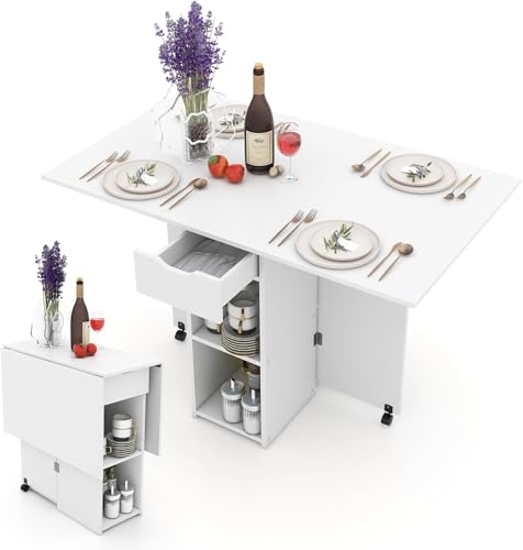 FANTASK Esstisch klappbar mit 2 Rädern, mobiler Klapptisch Esszimmertisch mit 2-stufiger Ablagefläche und Schublade (weiß) von FANTASK